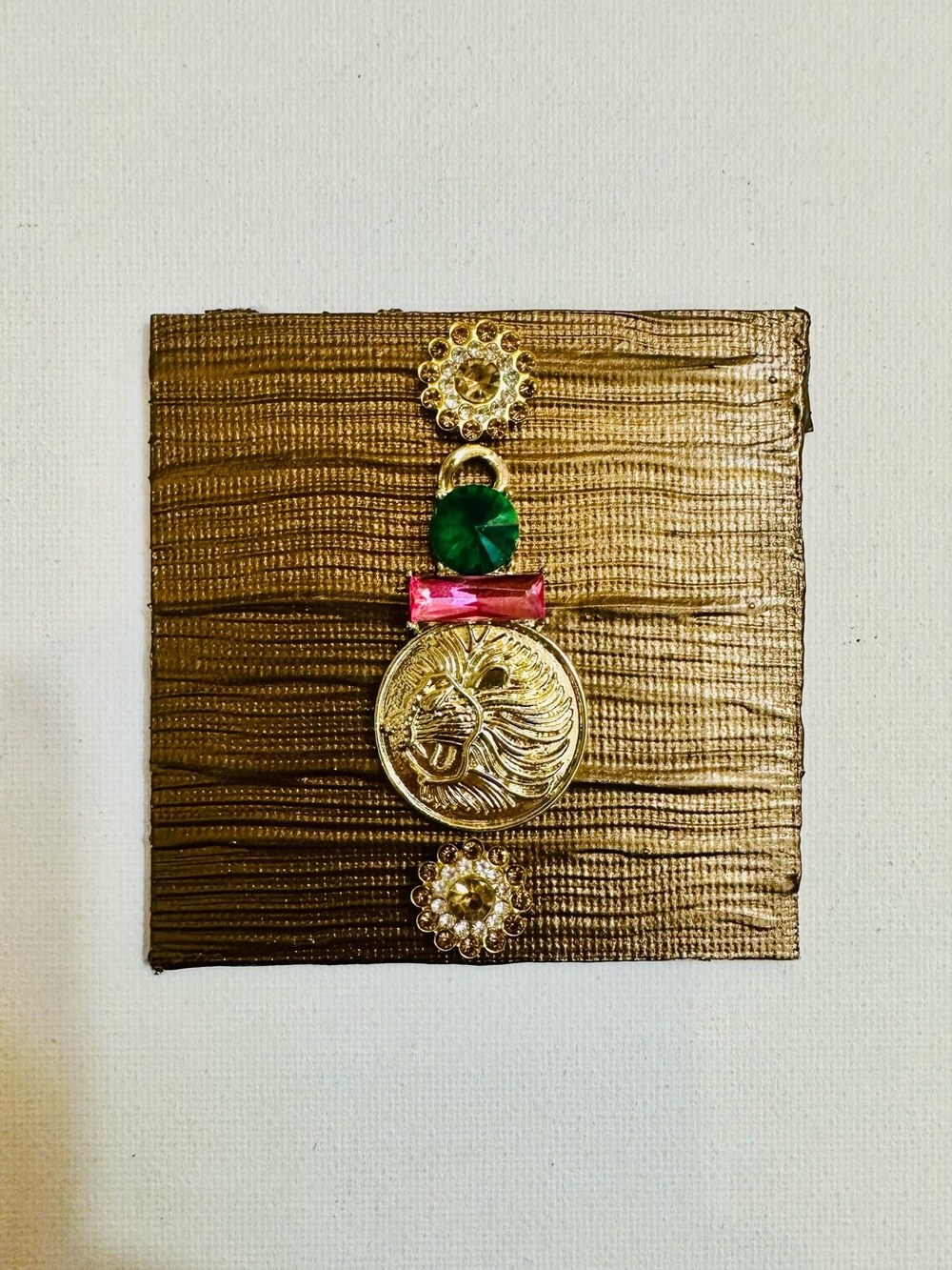 Handmade 3x3 Mixed Media Magnet Gold Lion Jewel Art